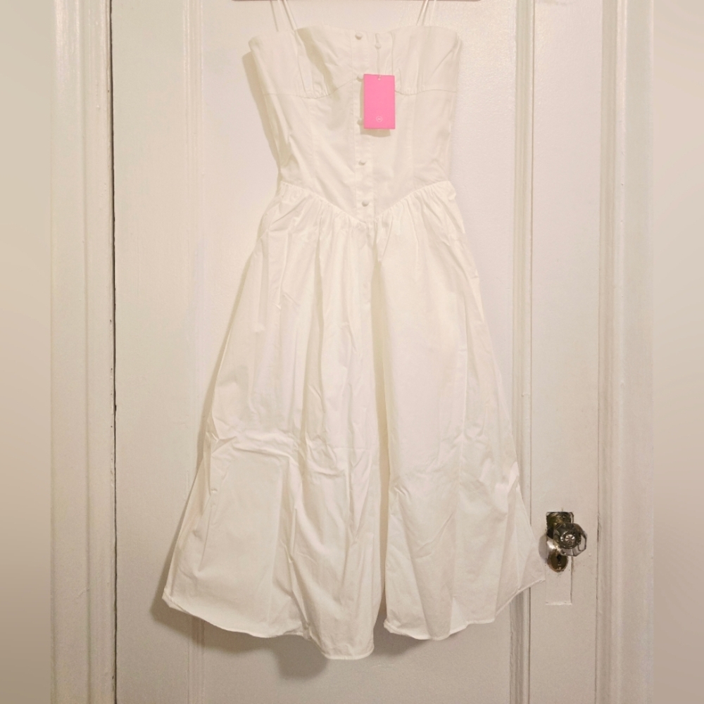 NEW Amanda Uprichard White Cotton Strapless Holland Midi Dress — Size Small - Picture 11 of 13